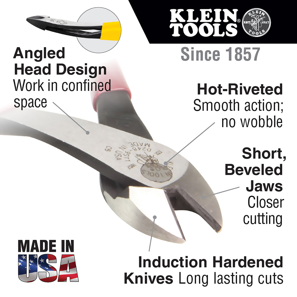 Klein Tools D2000-48 8" Diagonal Cutting Pliers Angled Head Made in USA